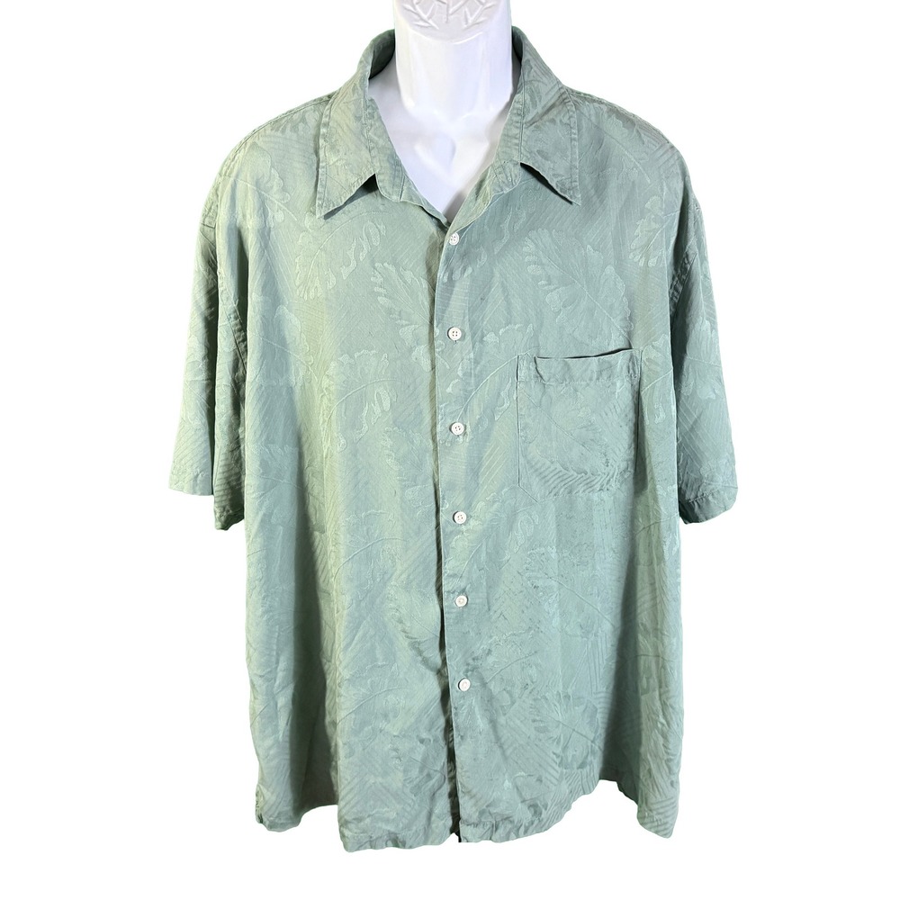 Pendleton Silk Button Down Shirt Mens XXL Green Jacquard Leaf Short Sleeve Camp